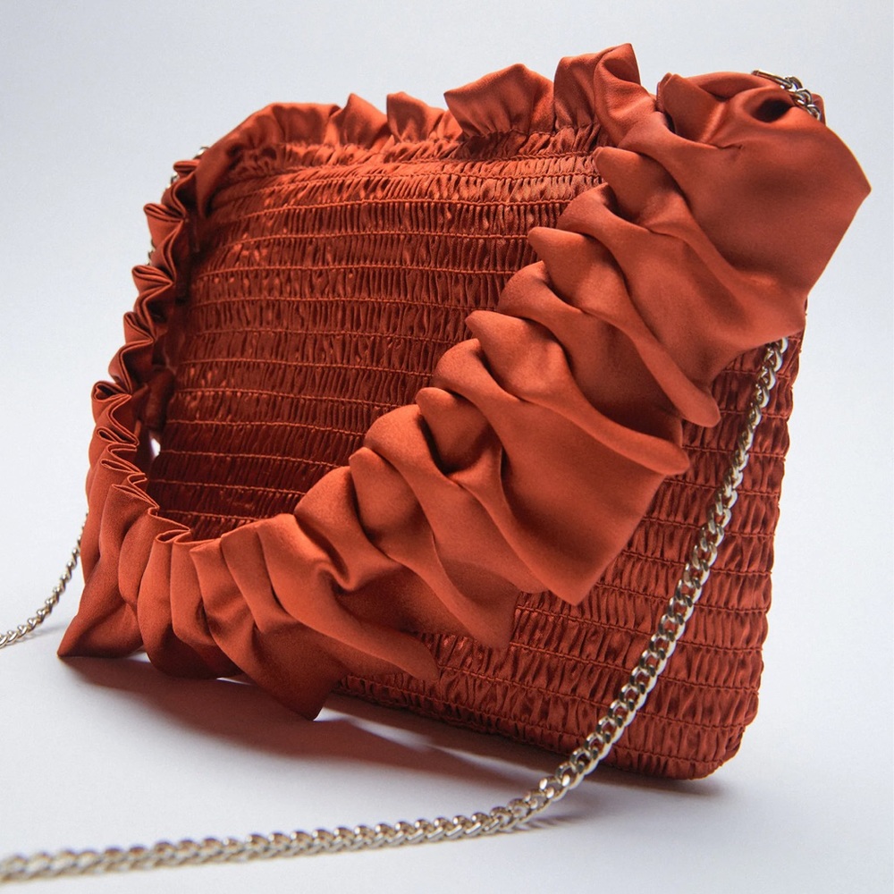 NEW ZARA Ruffled Mini Shopper Crossbody Bag Rust Orange